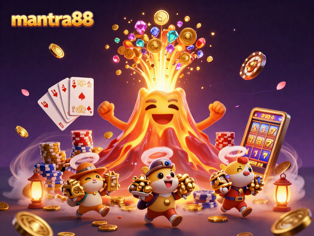 Experience the thrill of mantra88 with a vibrant 3D casino eruption of treasures and lucky symbols.