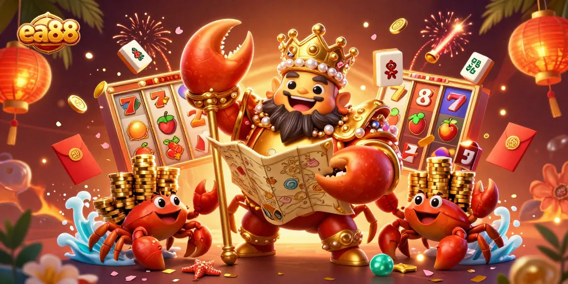 Experience the vibrant world of ea88 with a golden crab emperor and joyful casino elements.