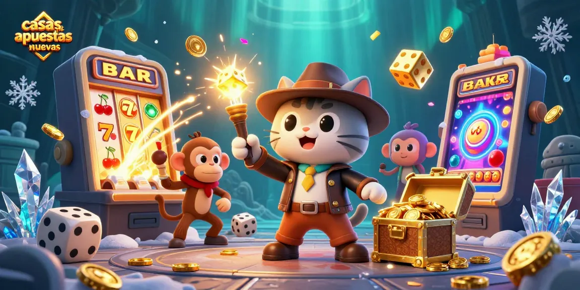 Ilustración de casas de apuestas nuevas con un gato explorador y su mono en un templo de casino.