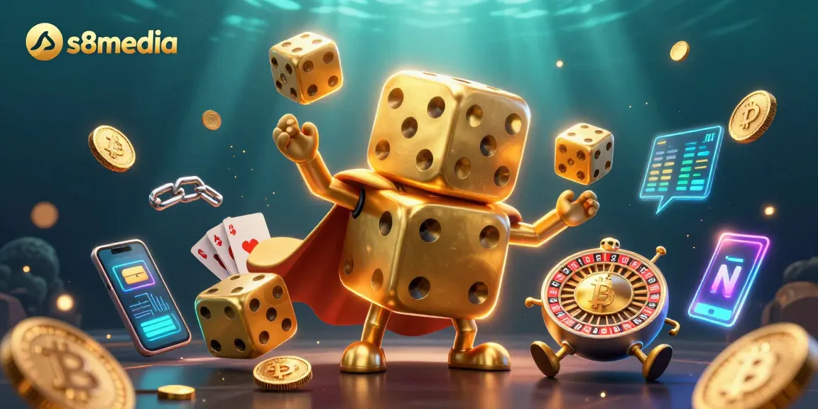Engage with s8media's vibrant gambling universe featuring golden dice and crypto elements.