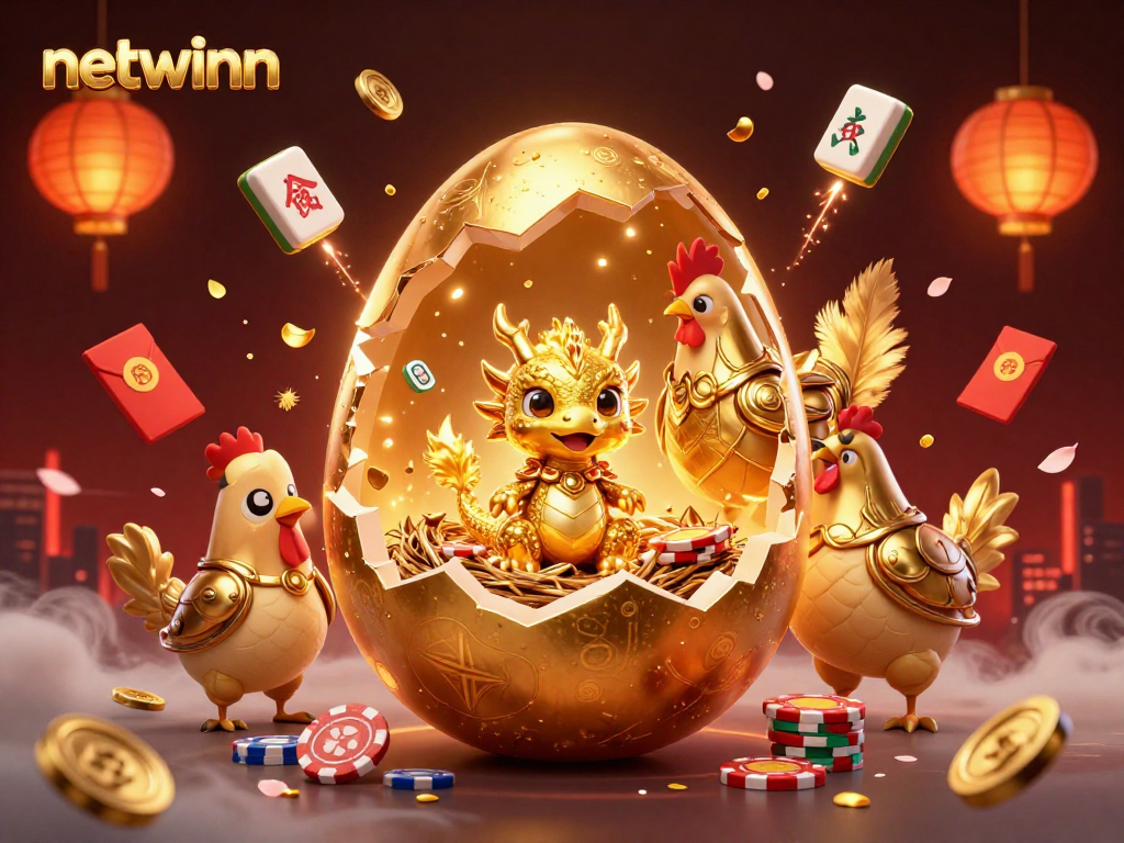Experience the excitement of netwinn with a golden dragon guarding poker chips amidst festive elements.