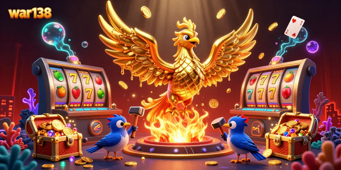 Experience thrilling moments with the war138 phoenix emerging in gold, rewarding players in a vibrant casino scene.