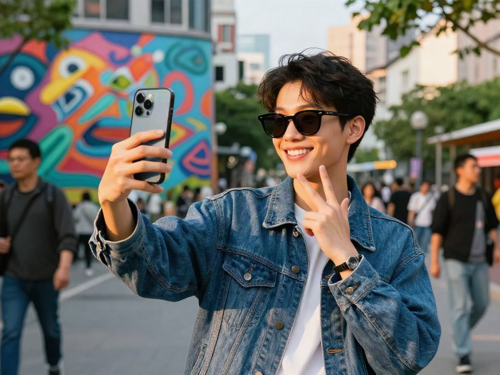 Person smiling during an attractiveness test selfie in a vibrant urban setting.