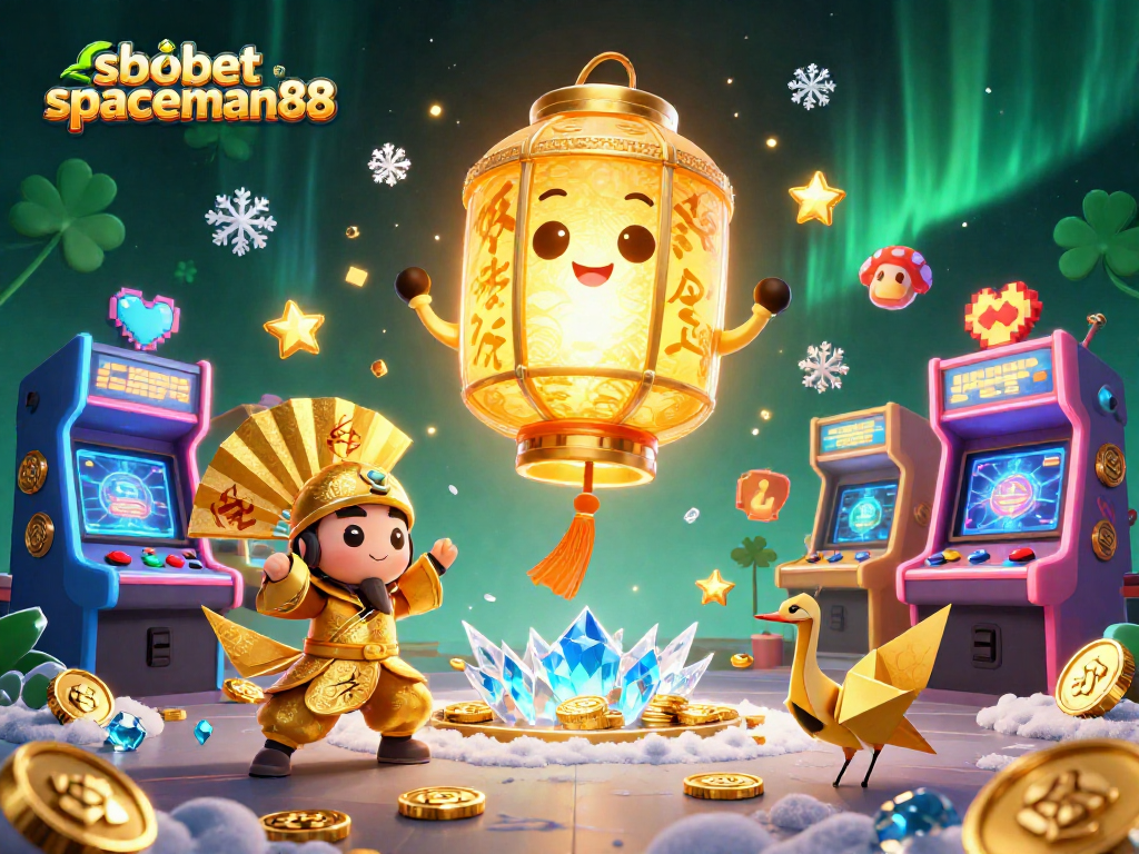 Experience sbobet spaceman88 with a vibrant casino illustration featuring lucky symbols and arcade elements.