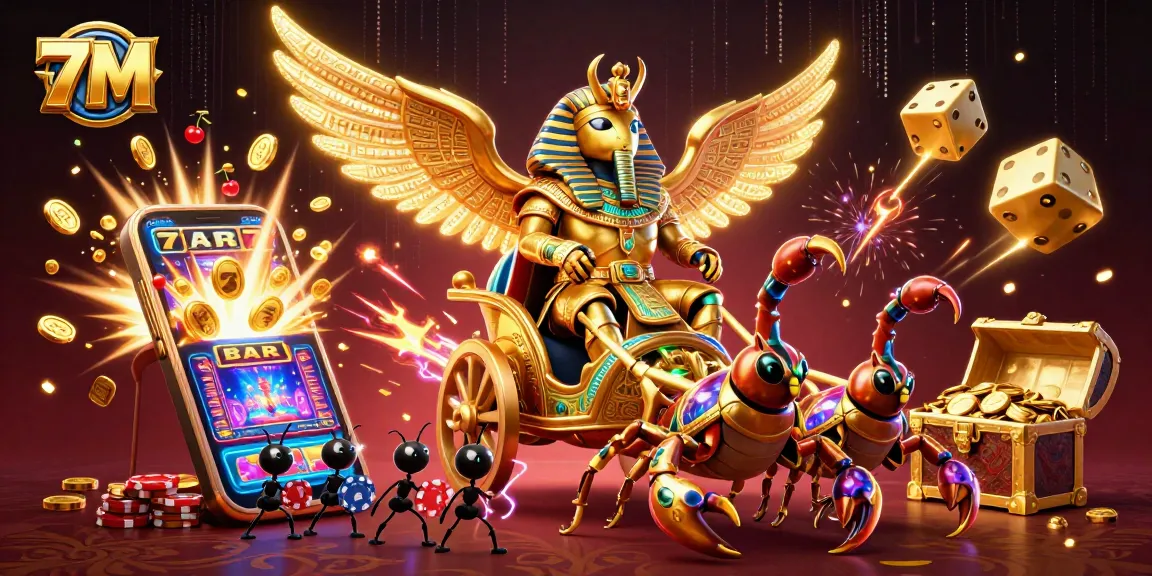 Engage with the exciting world of 7M as a golden scarab leads a lively casino scene of slot machines and gaming elements.