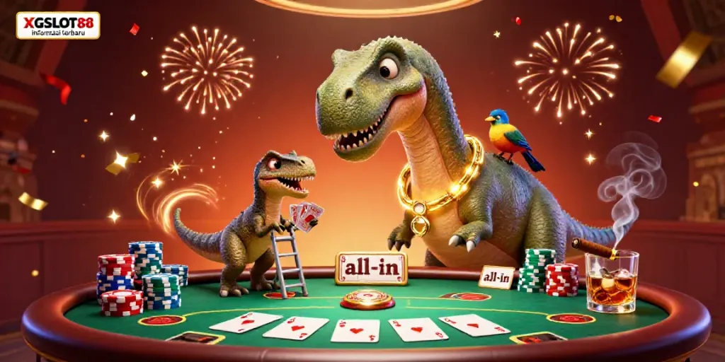 XGSLOT88 informasi terbaru menampilkan ilustrasi kasino 3D dengan brontosaurus dan raptor yang bermain poker.