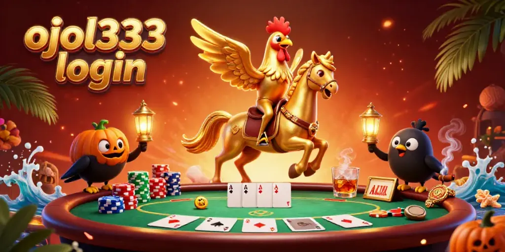 Engage in the vibrant world of gambling with ojol333 login while enjoying a whimsical casino scene featuring a golden rooster.