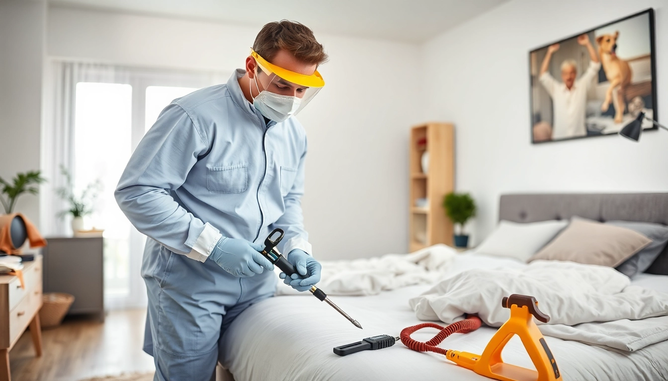Engaging bed bug pest control scene with a technician inspecting a home setting.