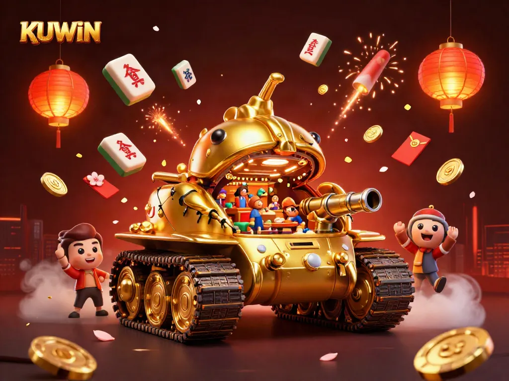 Experience excitement at KUWIN with a vibrant, joyful casino atmosphere filled with games and celebratory elements.