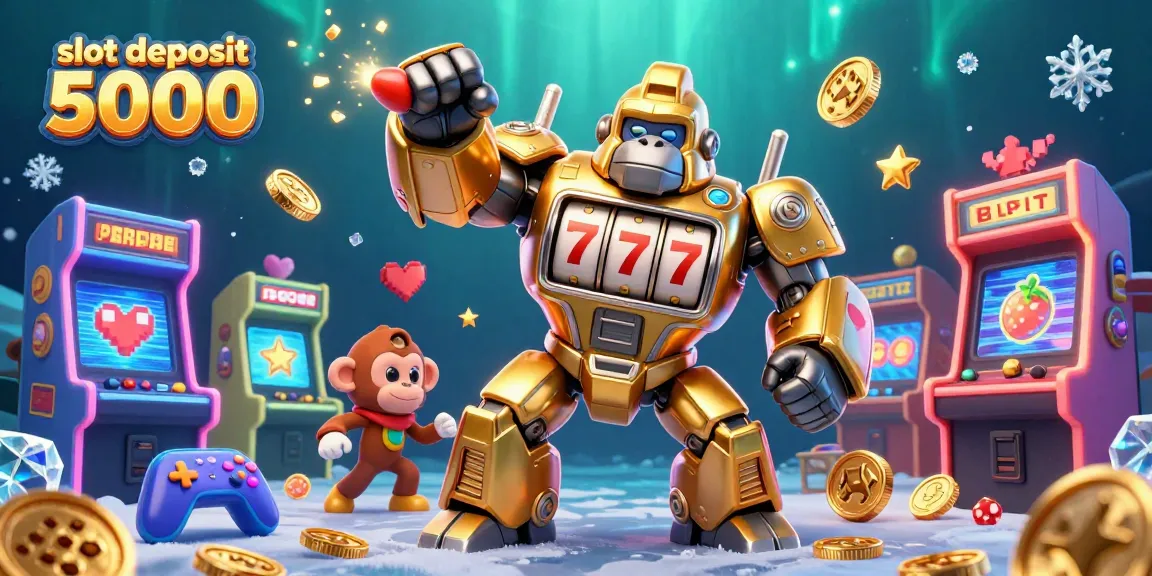 Experience thrilling slot deposit 5000 adventures featuring a golden gorilla mech surrounded by colorful gaming elements.