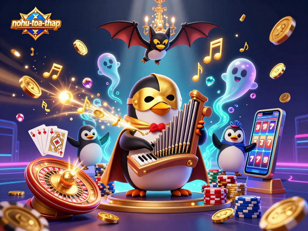 Nohutoa-thap immerses players in a thrilling 3D casino experience with golden coins and jackpot elements.