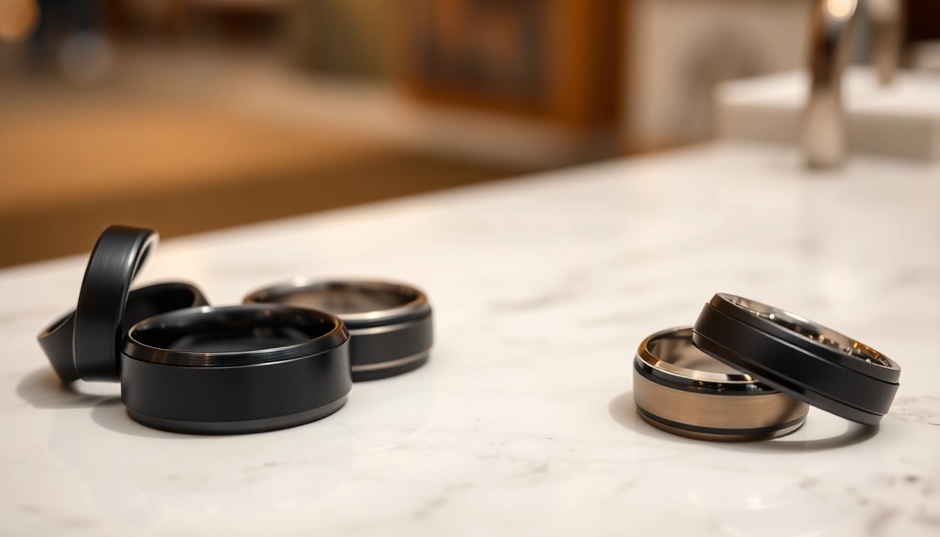 Showcasing Black Wedding Rings for Men in an elegant display highlighting various designs and textures.