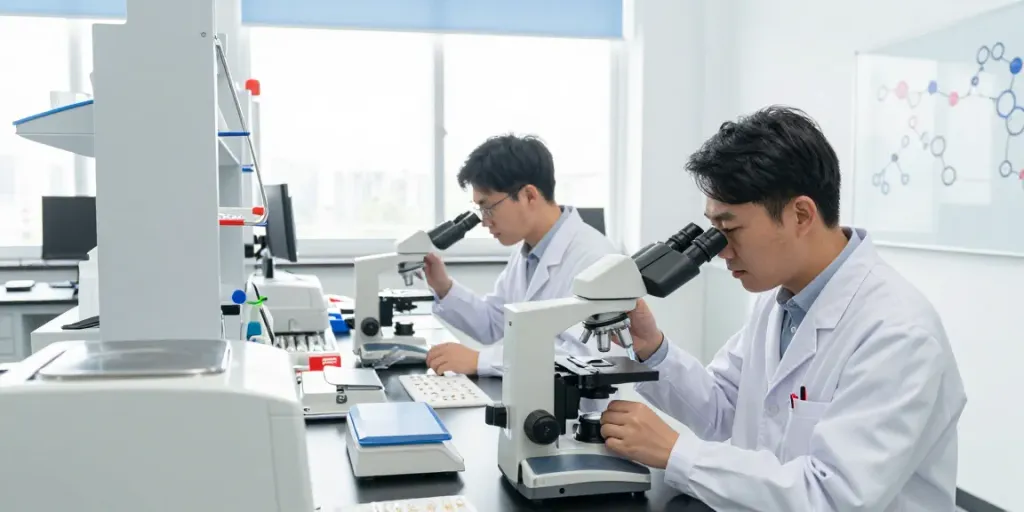 Examining retatrutide peptide samples in a modern lab setting, highlighting https://noxpeptides.ca/product/retatrutide-10mg/.