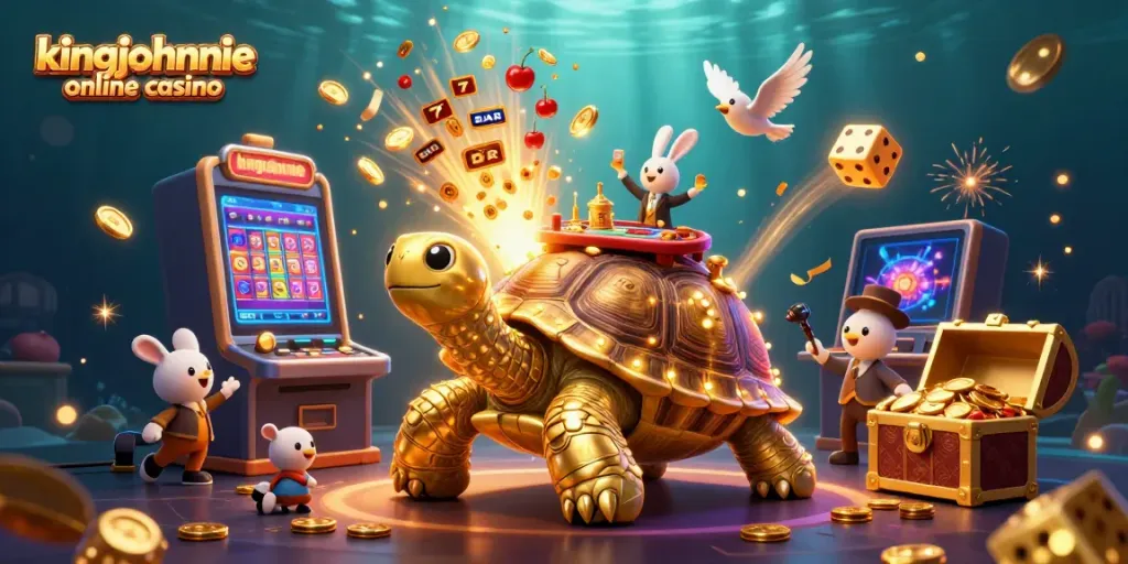 Experience the excitement of kingjohnnie online casino with vibrant 3D illustration featuring golden tortoise and jackpot!