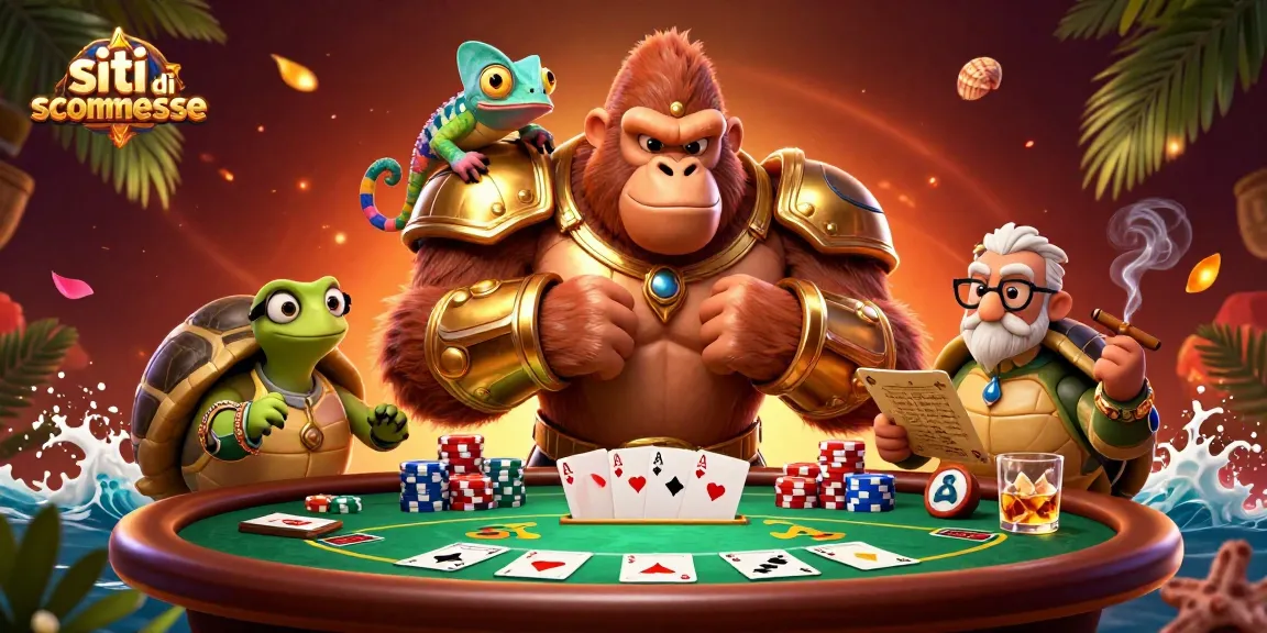 Siti di scommesse: il re gorilla trionfa al tavolo da poker, accompagnato da un camaleonte e una tartaruga