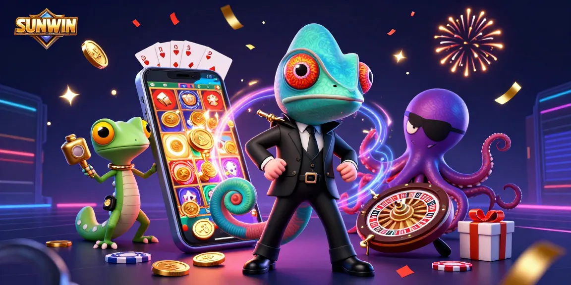 SUNWIN offers a dynamic gaming experience with a secret agent chameleon and gaming-themed elements.