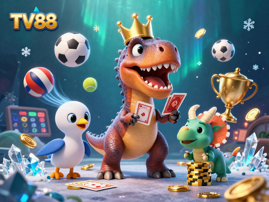 Engage with TV88's vibrant gaming scene featuring a T-Rex shuffling cards and dynamic sports elements.