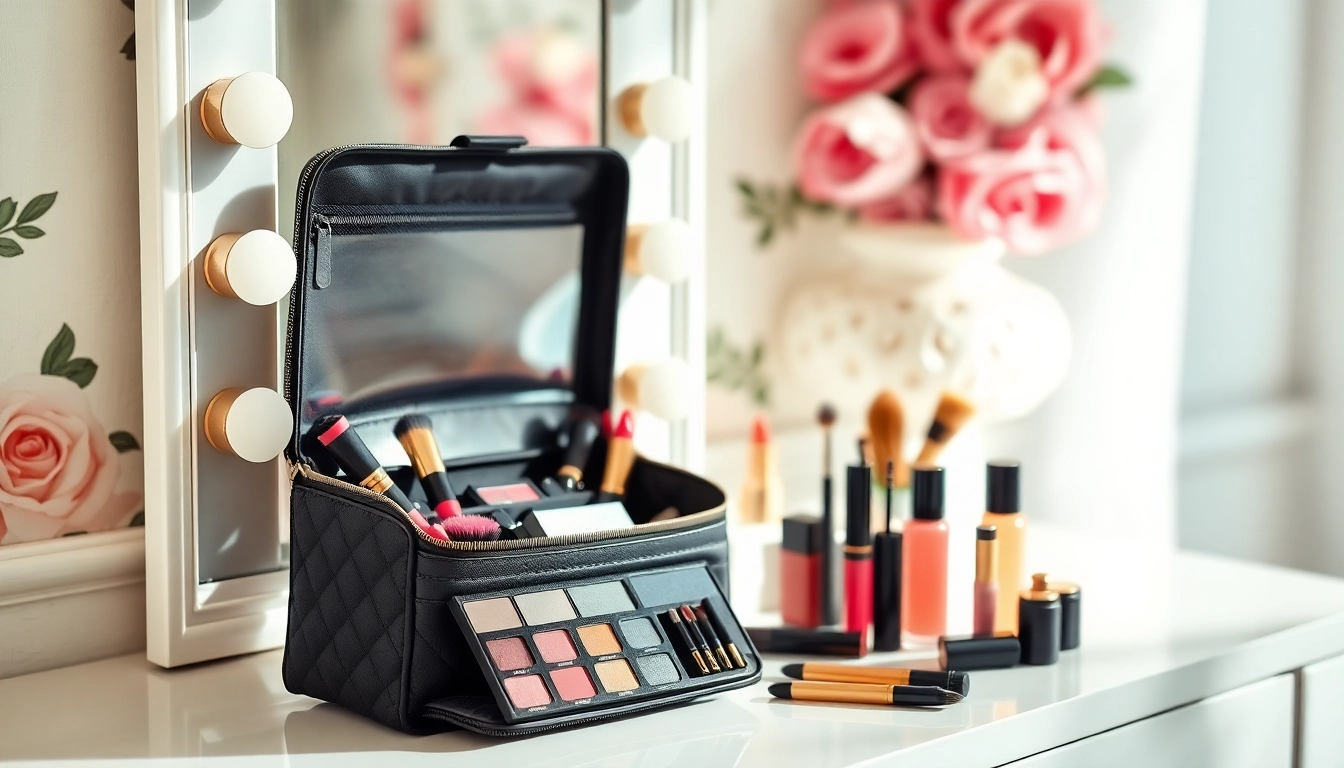 Showcasing the skone cosmetics signature makeup bag filled with premium makeup products in a stylish setting.