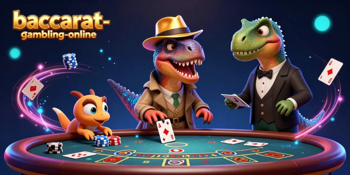 The dynamic baccarat-gambling-online scene with a velociraptor and casino characters engaging at the table.