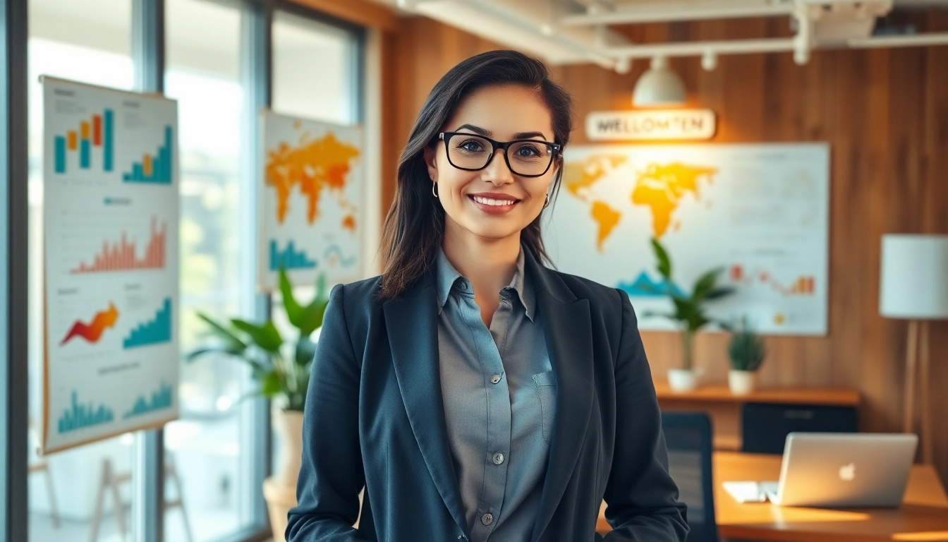 Visualize your ideal career with a professional woman in an inspiring office setting.