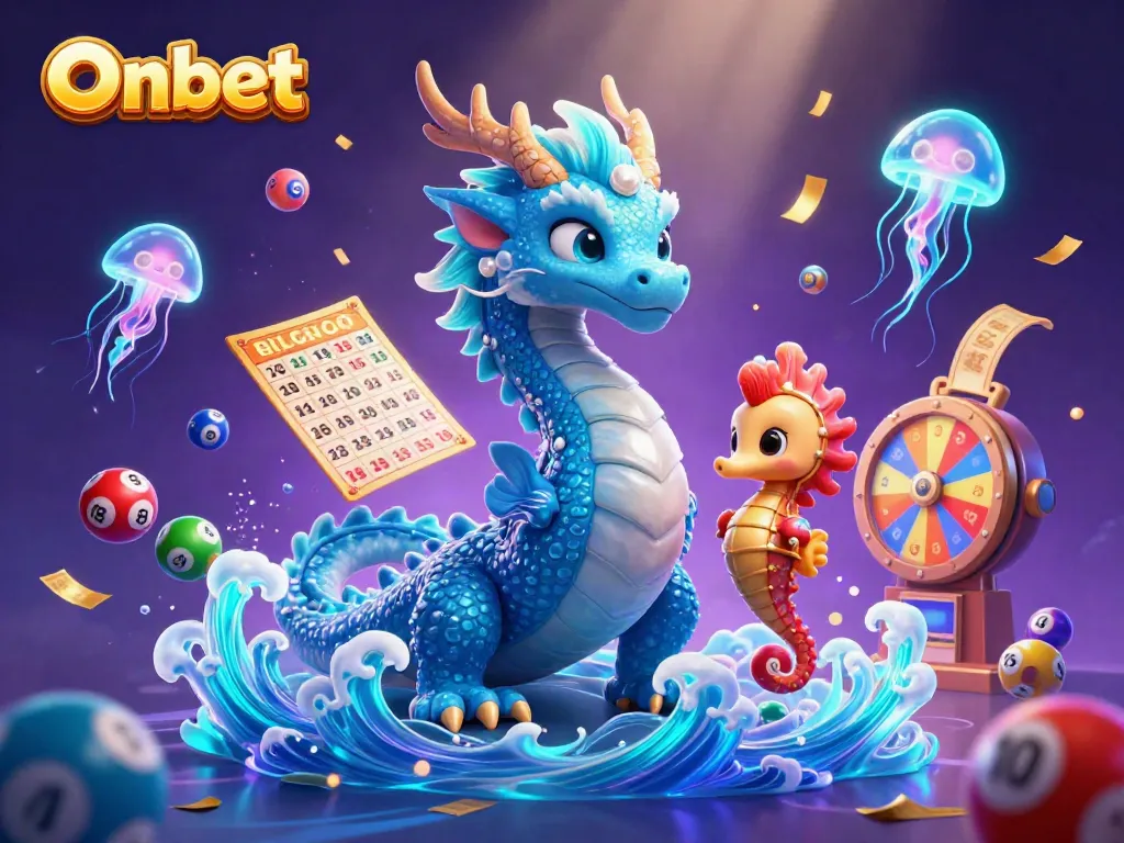 Onbet offers exciting gaming adventures with 3D dragon, knight, and neon jellyfish in a vibrant lottery scene.