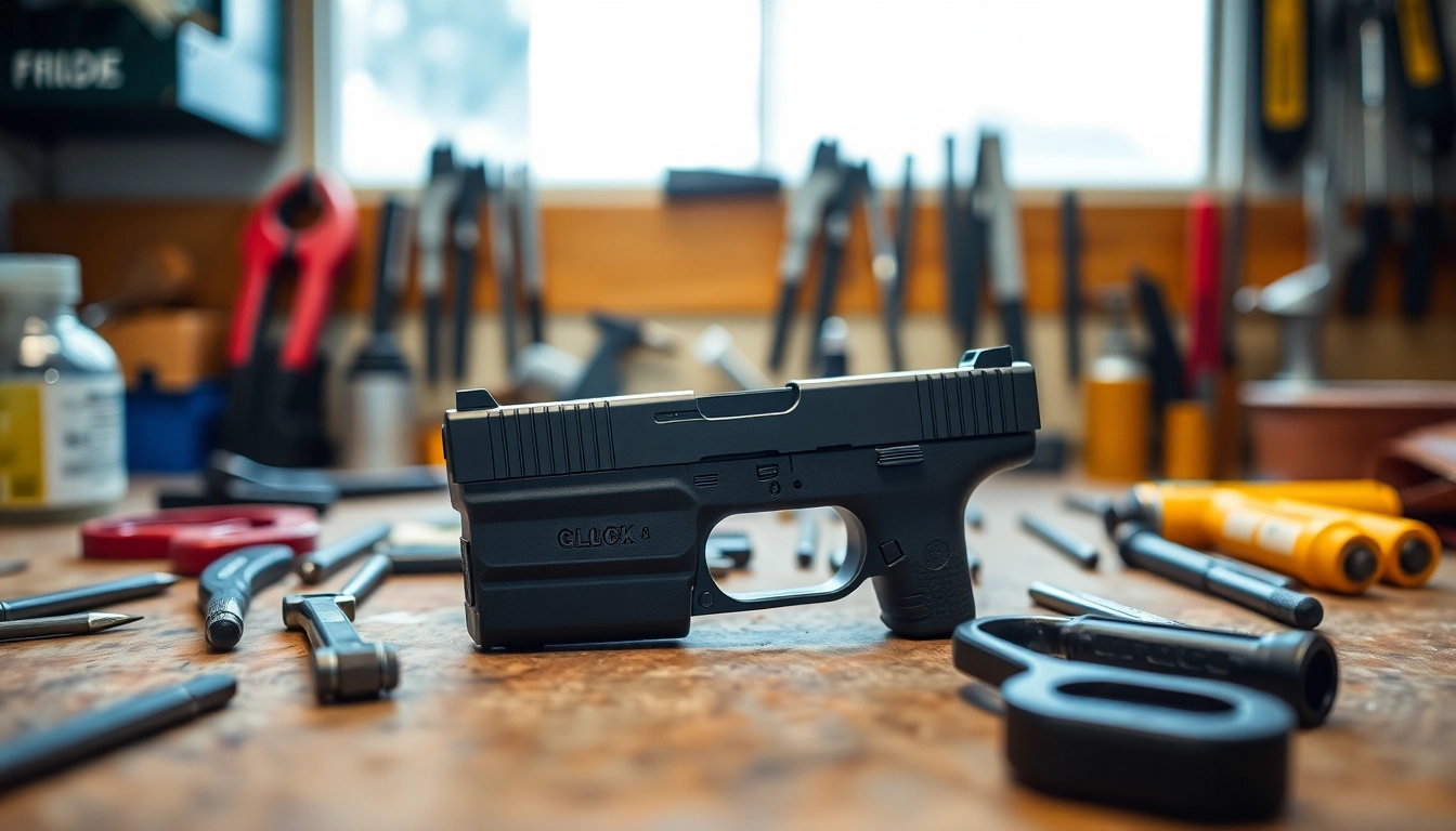 Showcase of glock 26 slide oem on a workbench highlighting its quality and design