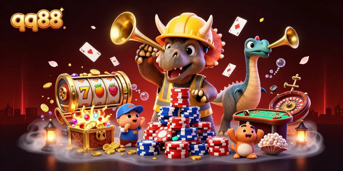 Experience the excitement of qq88 with playful characters celebrating casino wins amidst vibrant 3D graphics.