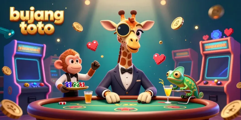 Bujang toto experience illustrated with a high-roller giraffe, monkey valet, and chameleon bartender at a casino.