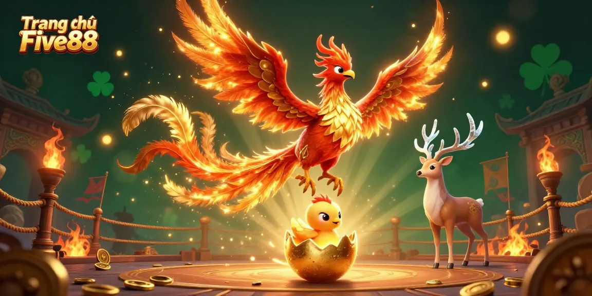 Engage with Trang chủ Five88 in this vibrant casino illustration featuring animated fiery characters and a bustling betting scene.