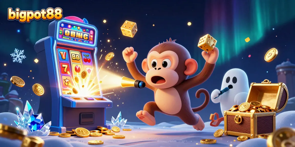 Experience thrilling fun with bigpot88 in a vibrant casino scene with a magical monkey and ghost-hunter puppy.
