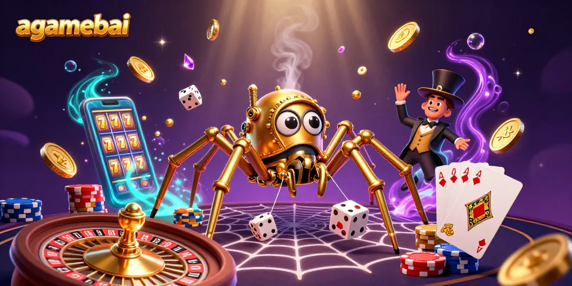 Play exciting games at agamebai, featuring dynamic scenes with a steampunk spider and dazzling casino elements.