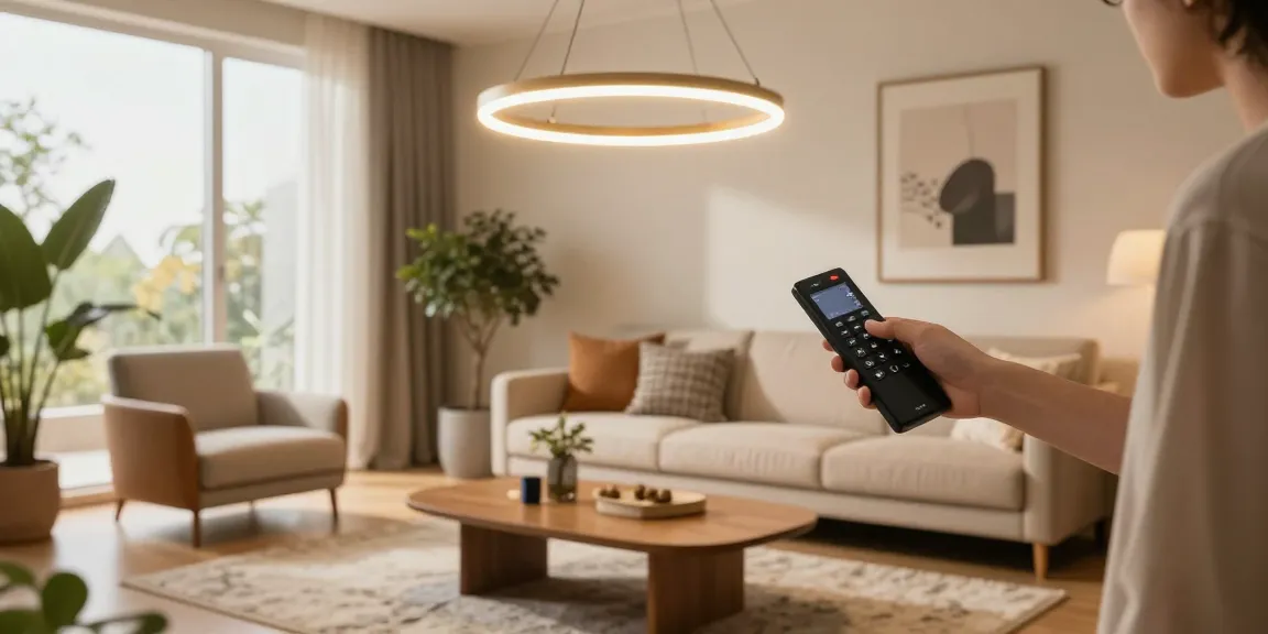 Lustra LED modernă elegantă suspendată într-un living confortabil, cu plante decorative și lumină naturală.