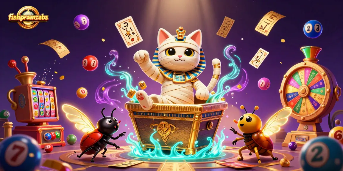 Engage in fishprawncrabs excitement with a dynamic 3D illustration of an Egyptian mummy cat in a pyramid casino.