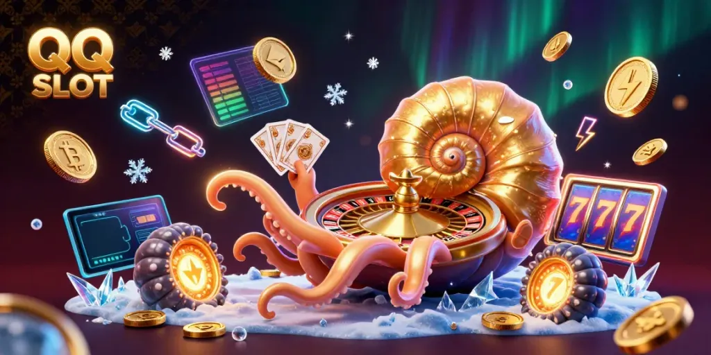 Experience thrilling QQ SLOT gameplay with a vibrant scene featuring a golden nautilus roulette wheel.