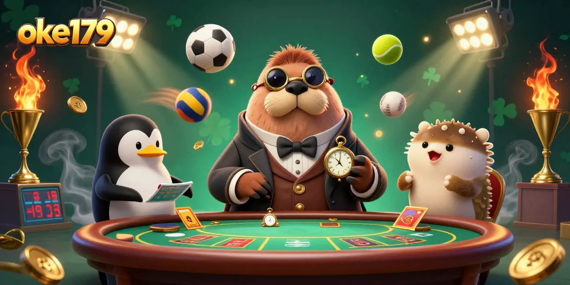 Join the excitement at oke179 with a jolly walrus playing poker, highlighting thrilling gambling action.