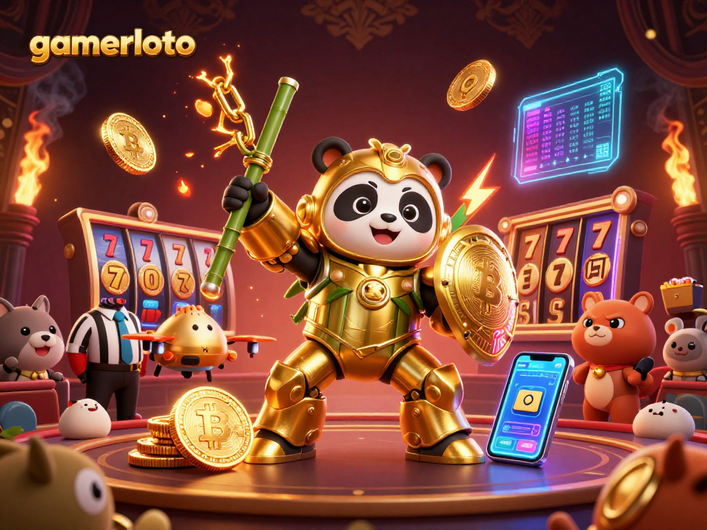 Experience gamerloto with an exhilarating casino scene featuring a mech-suit panda and vibrant game elements.
