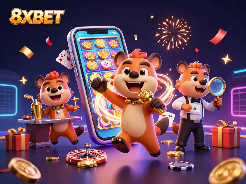 Engage in thrilling gameplay at 8XBET with a dynamic 3D illustration showcasing casino hyenas in action.