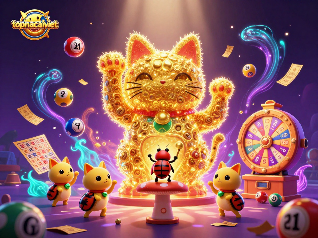Engage with topnhacaiviet's vibrant casino scene featuring a lucky cat and dynamic lottery elements.