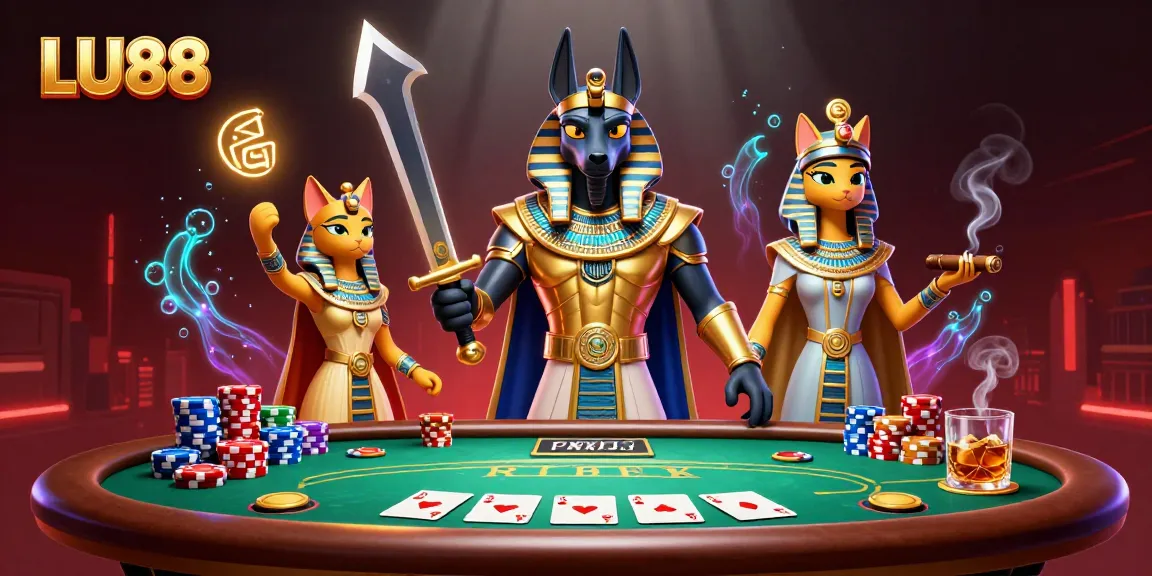 LU88 showcases Anubis and Bastet in a vibrant poker atmosphere filled with thrilling game elements.