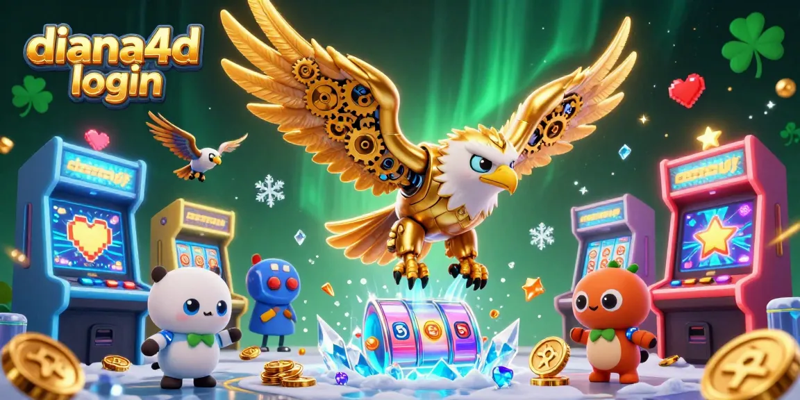 Dive into the thrill of gaming with diana4d login, featuring a cybernetic eagle among slots and coins.