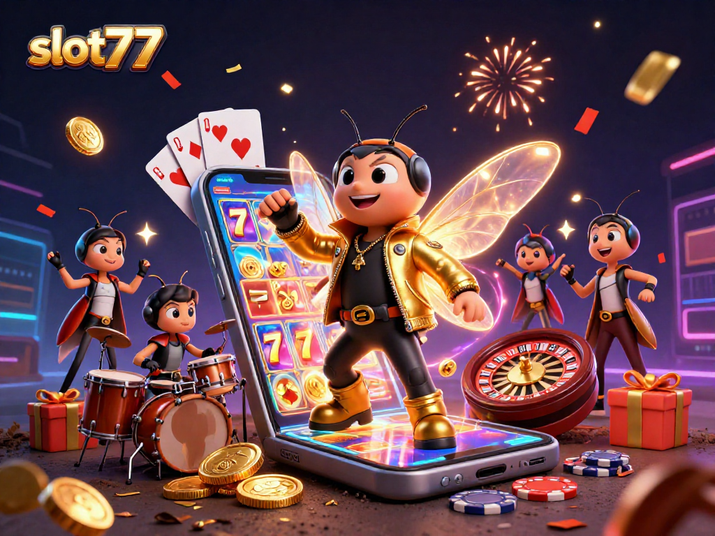 Spin to win with slot777 as a cicada rock star performs amidst vibrant casino elements!