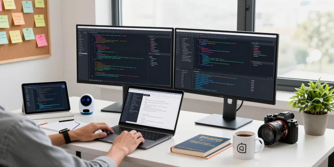 Build internal tools with AI in a modern workspace featuring multiple screens and coding materials.