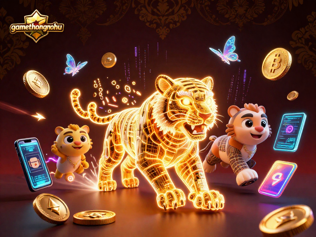 gamethuongnohu showcases a dynamic casino scene with a neon tiger navigating amidst crypto coins and holographic displays.