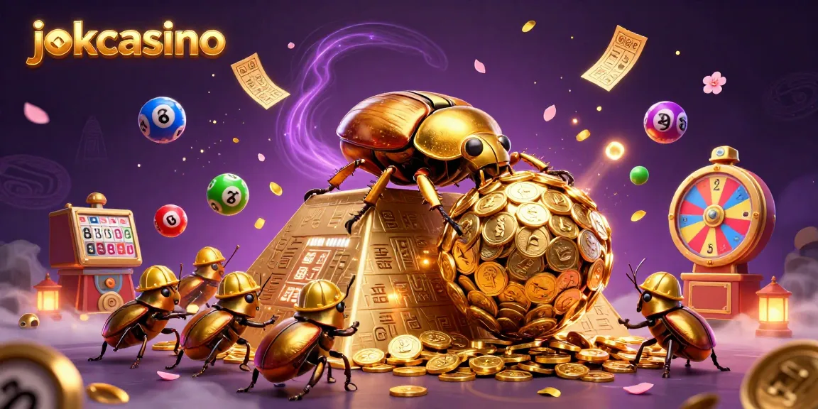 Engage with the dynamic jokacasino illustration featuring a golden dung beetle amidst colorful lottery elements.