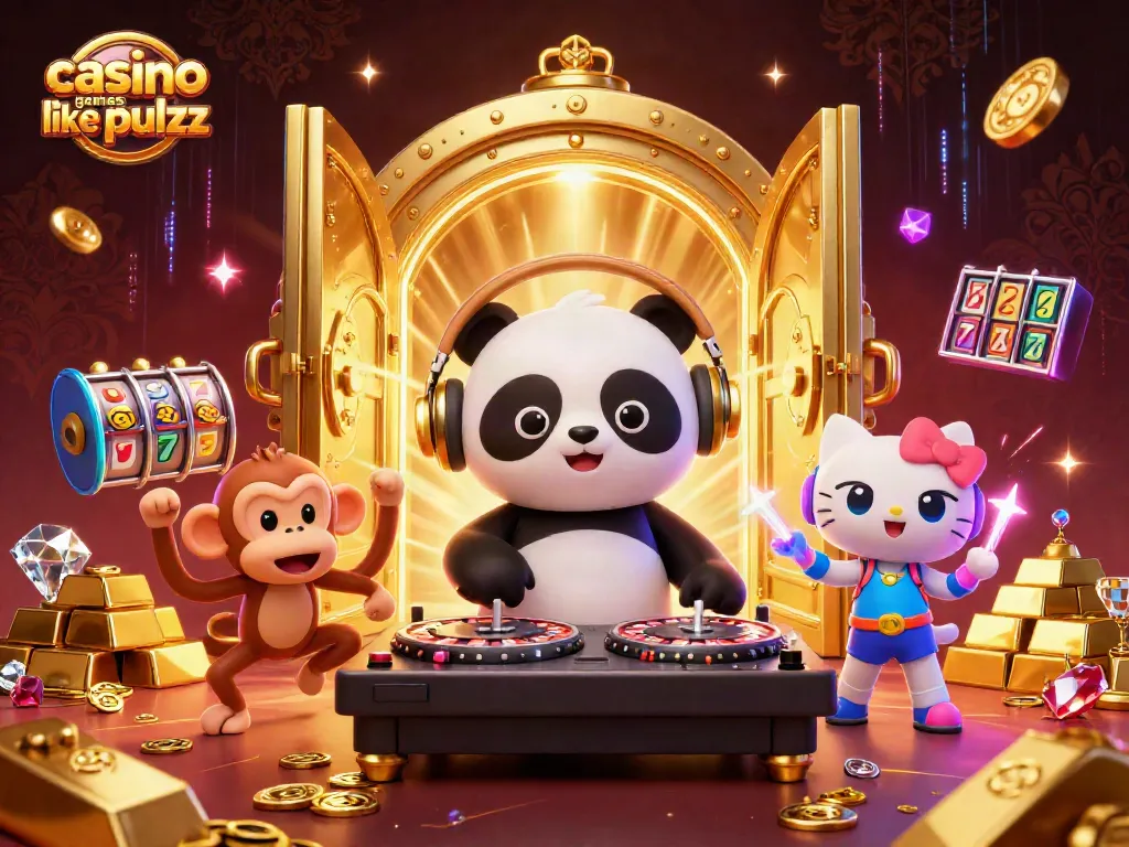 Experience exciting casino games like pulsz with a DJ panda and fun characters partying amidst treasures