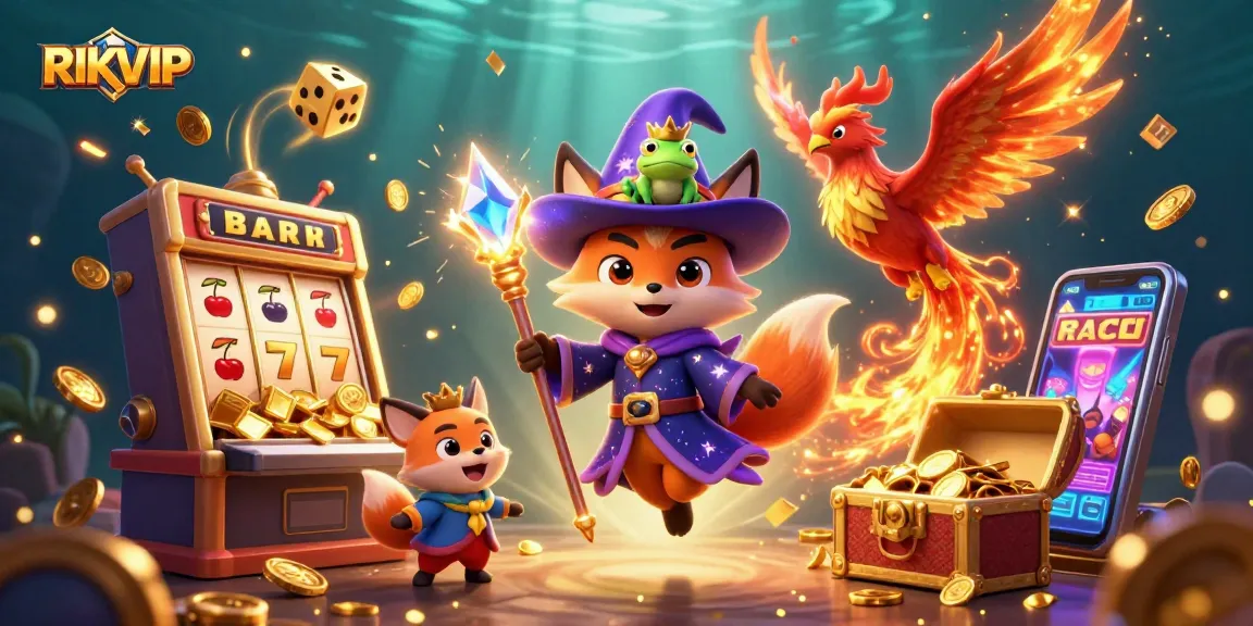 Experience RIKVIP with thrilling jackpots and vibrant casino adventures in a 3D illustration.