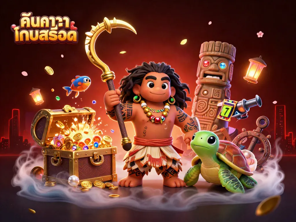 Engage with ค้นหาเกมสล็อต featuring a Polynesian demigod and a turtle amidst exciting casino elements.