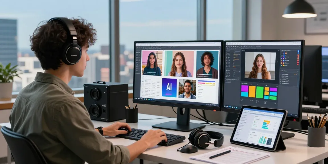 Data analyst using AI Image Detector tool to identify AI-generated images in a vibrant digital workspace.