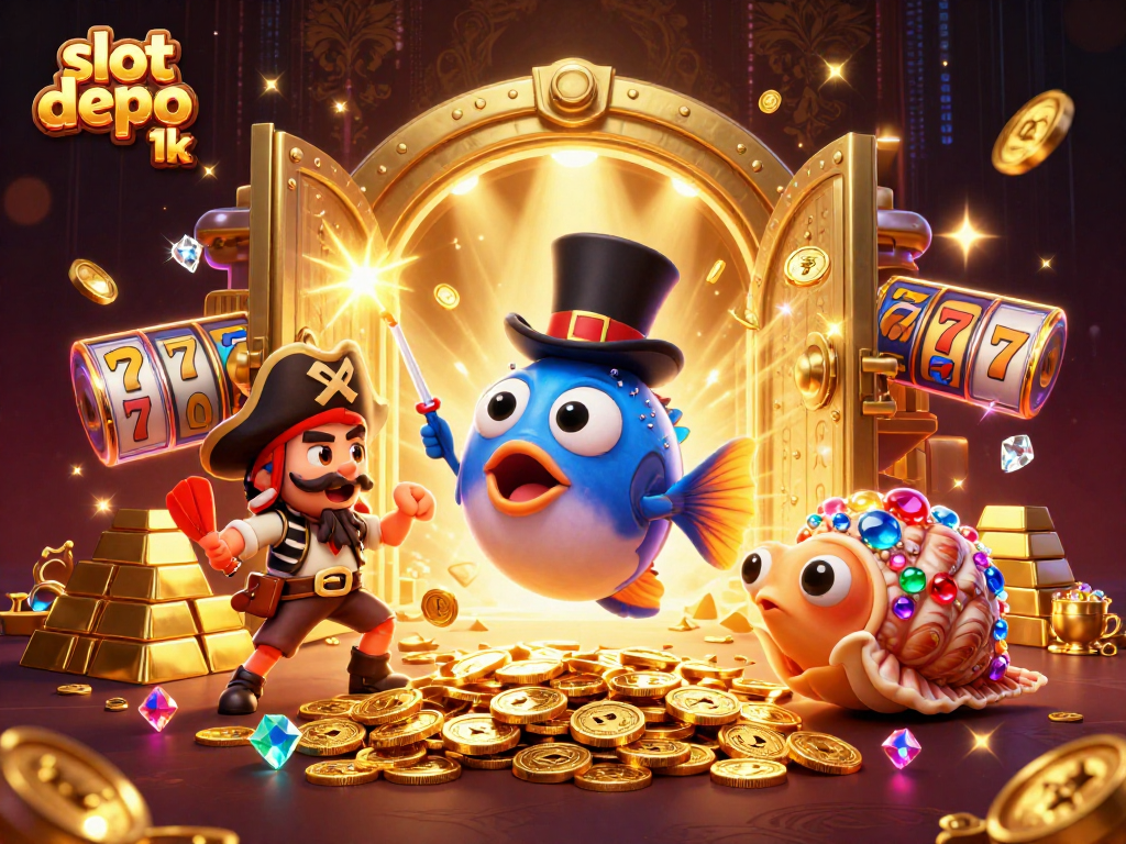 Spin to win with slot depo 1k, featuring animated underwater characters and sparkling treasure in a casino-themed illustration.