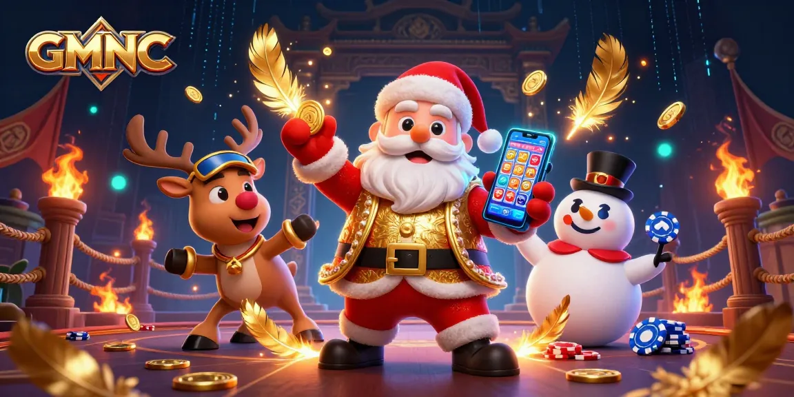 Interact with the vibrant GMNC casino scene showcasing Santa Claus and friends enjoying jackpot slots.